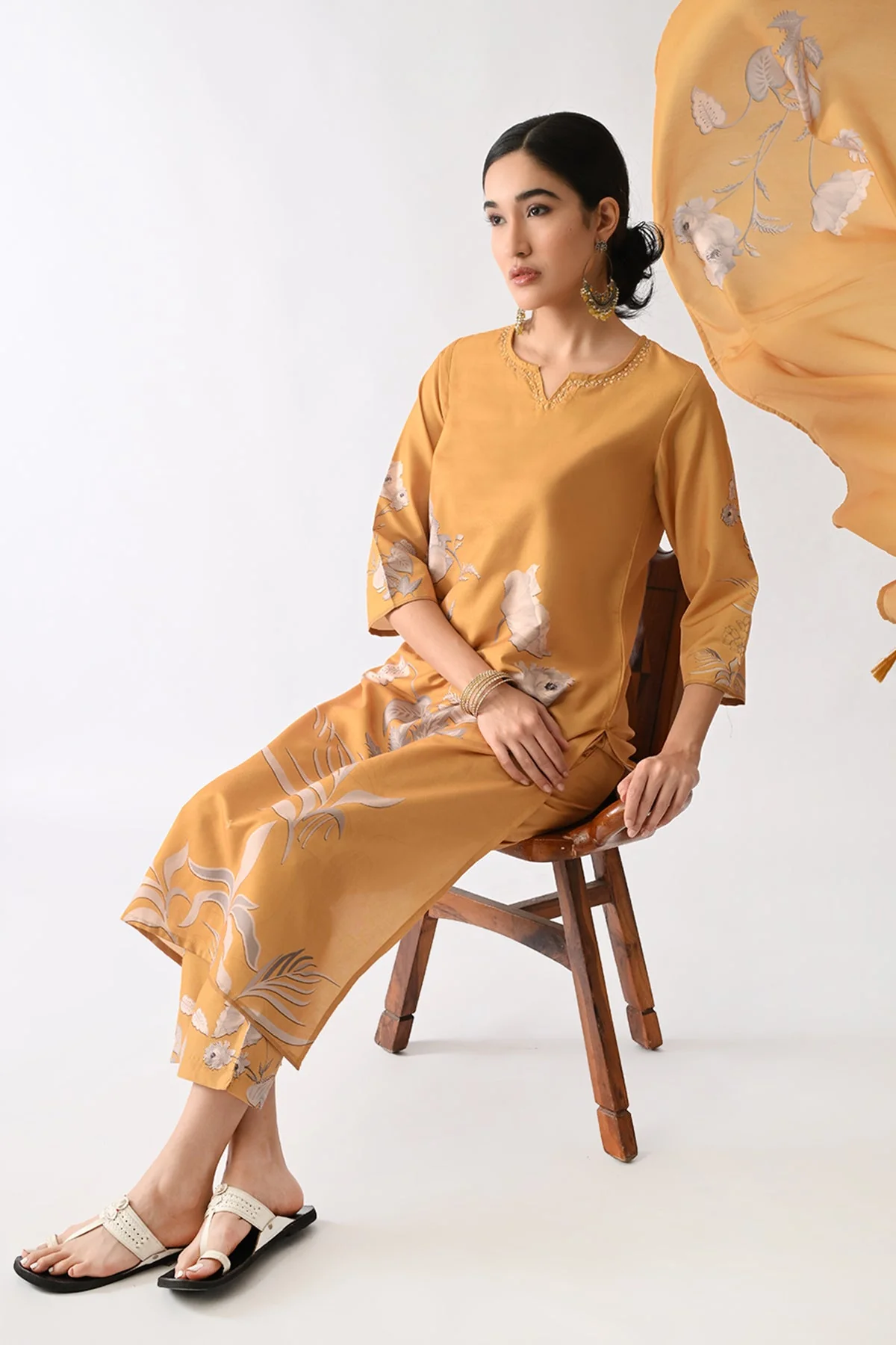 Mustard Printed Kurta 3 Pcs Set - Image 3