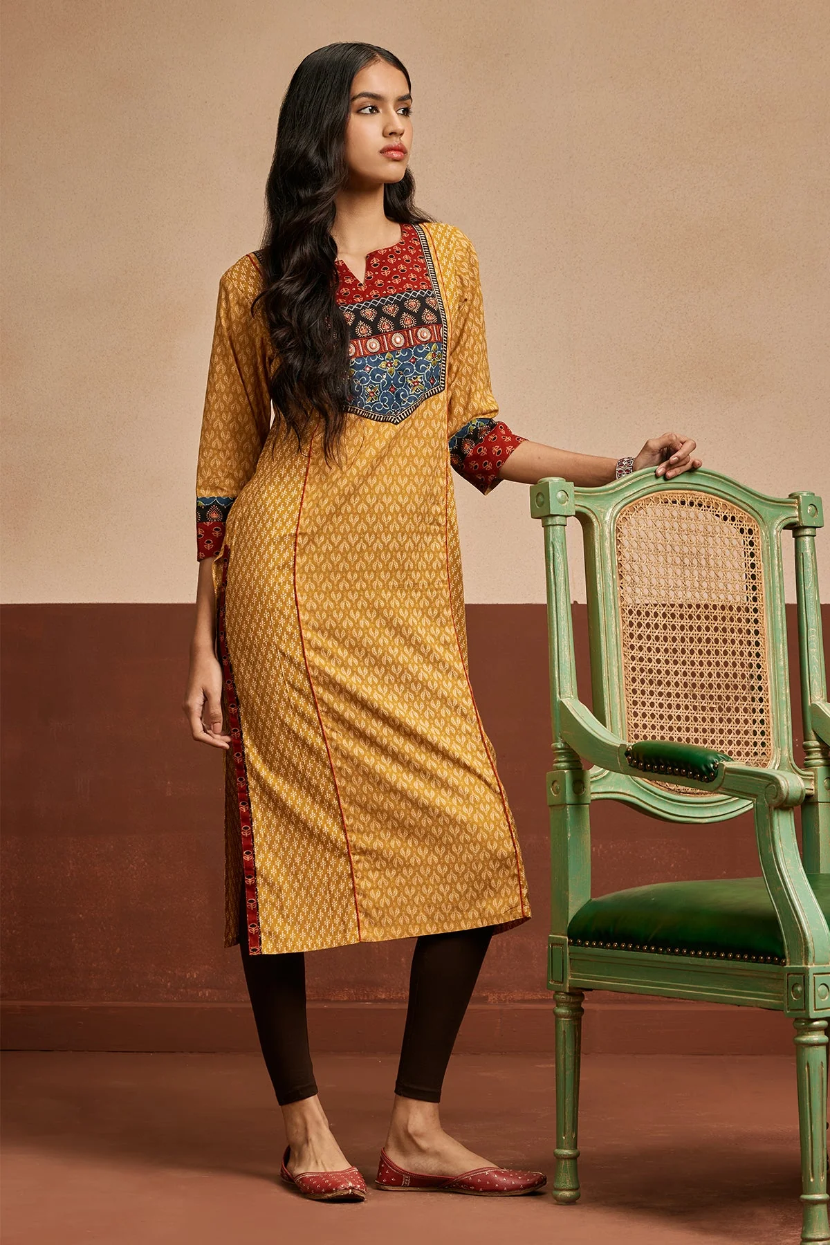 Mustard Printed Straight Kurta 2 Pcs Set - Image 2