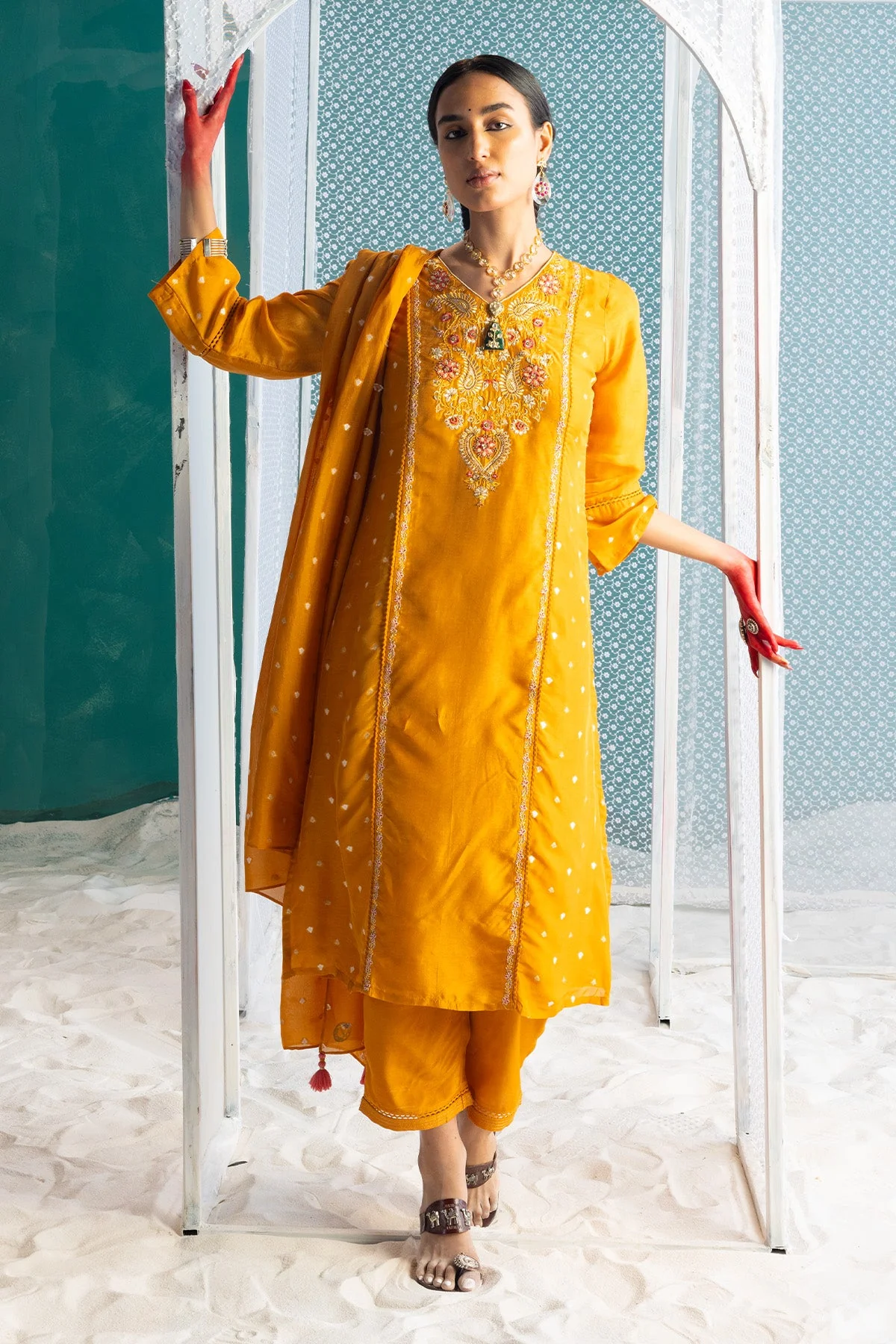 Mustard Yellow Embroidered Kurta 3 Pcs Set - Image 3