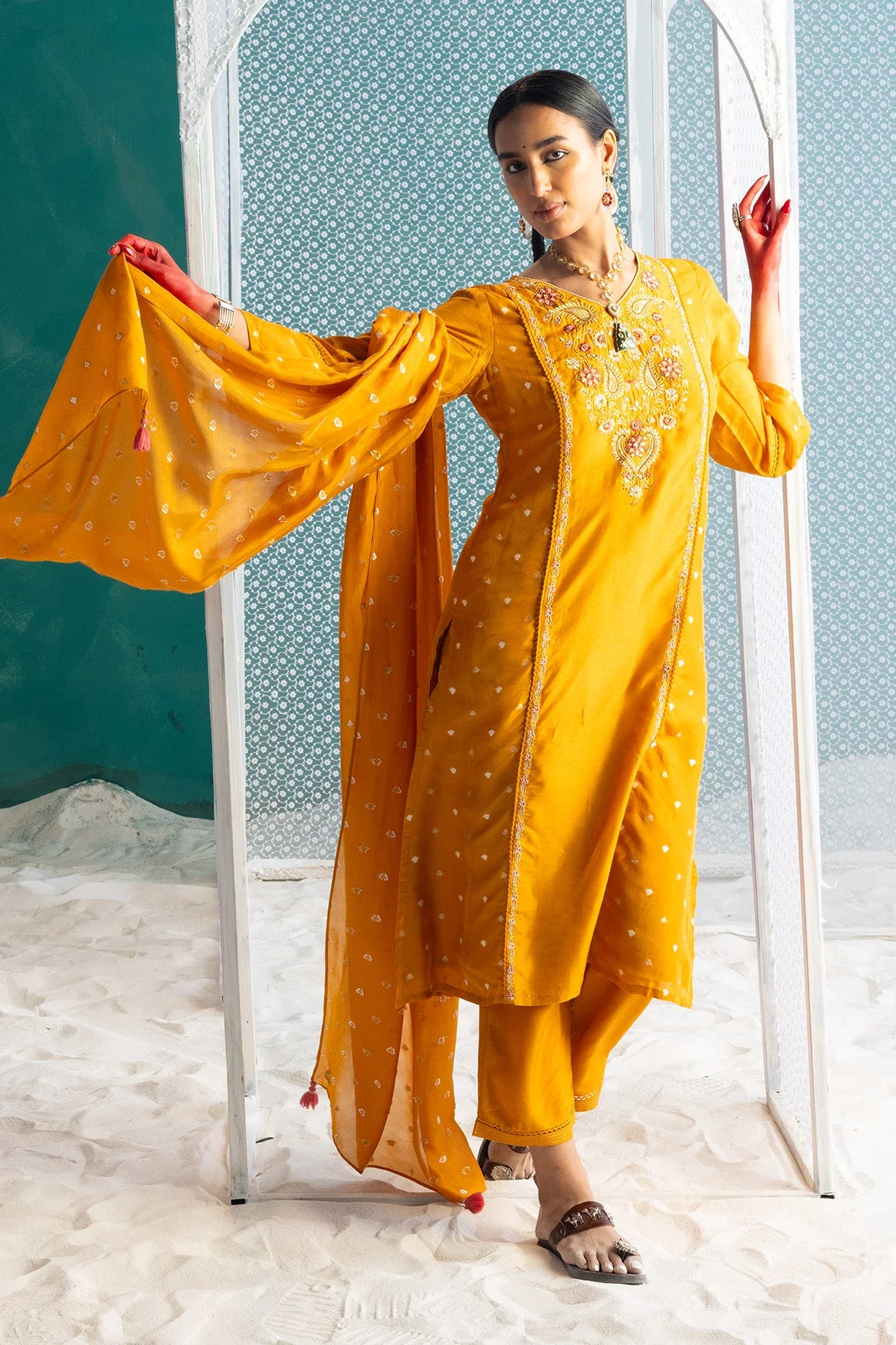 Mustard Yellow Embroidered Kurta 3 Pcs Set - Image 4