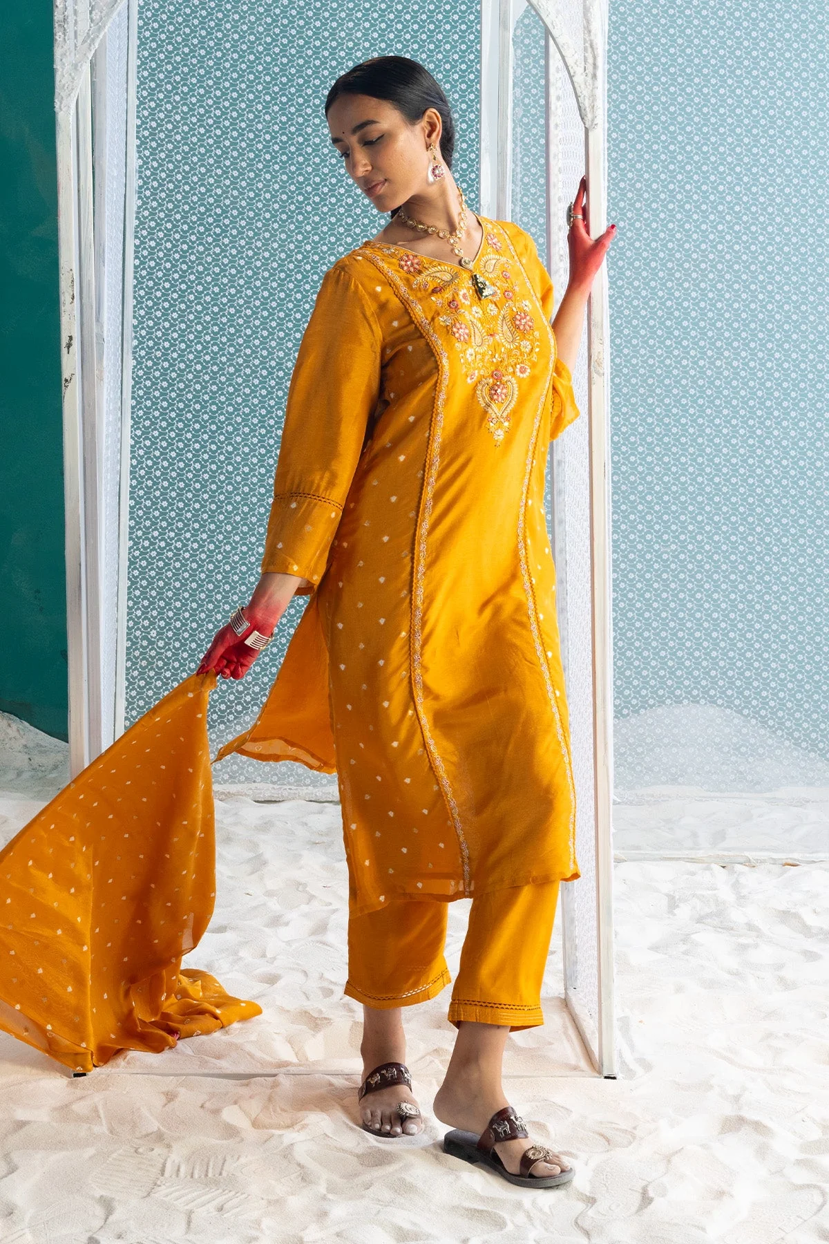 Mustard Yellow Embroidered Kurta 3 Pcs Set - Image 5