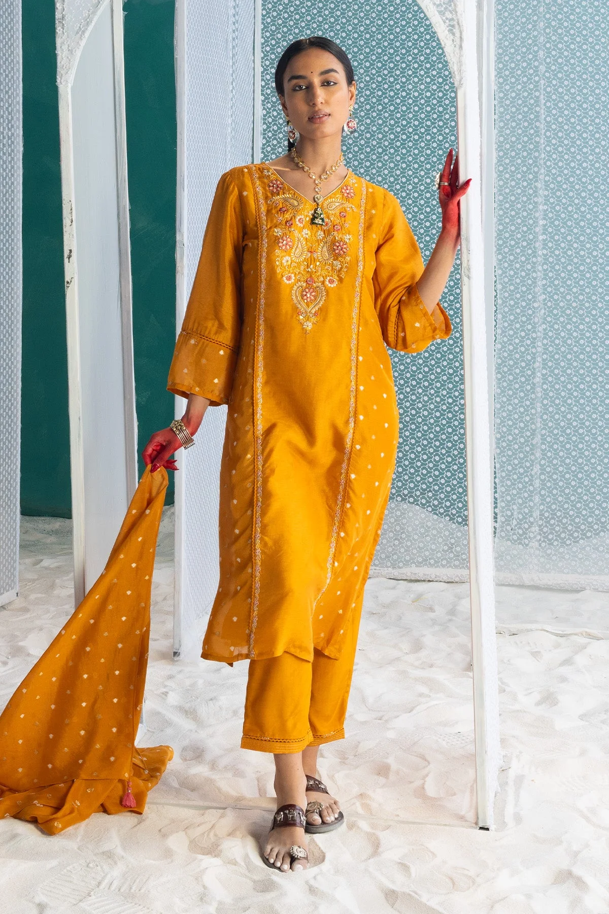 Mustard Yellow Embroidered Kurta 3 Pcs Set - Image 6