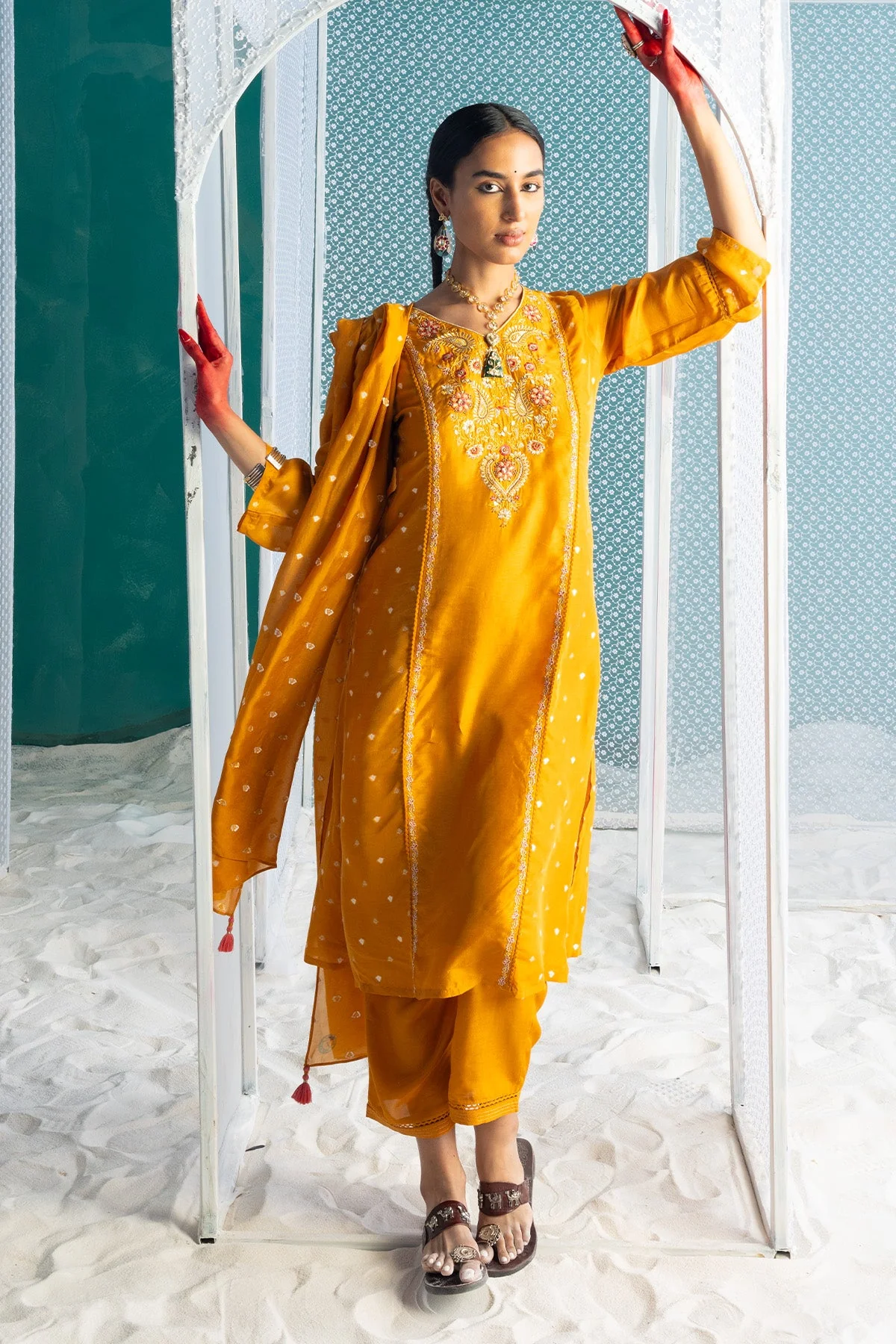 Mustard Yellow Embroidered Kurta 3 Pcs Set - Image 7