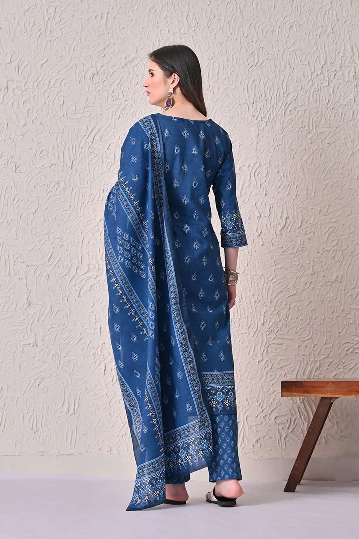 Navy Blue Printed Kurta 3 Pcs Set - Image 5