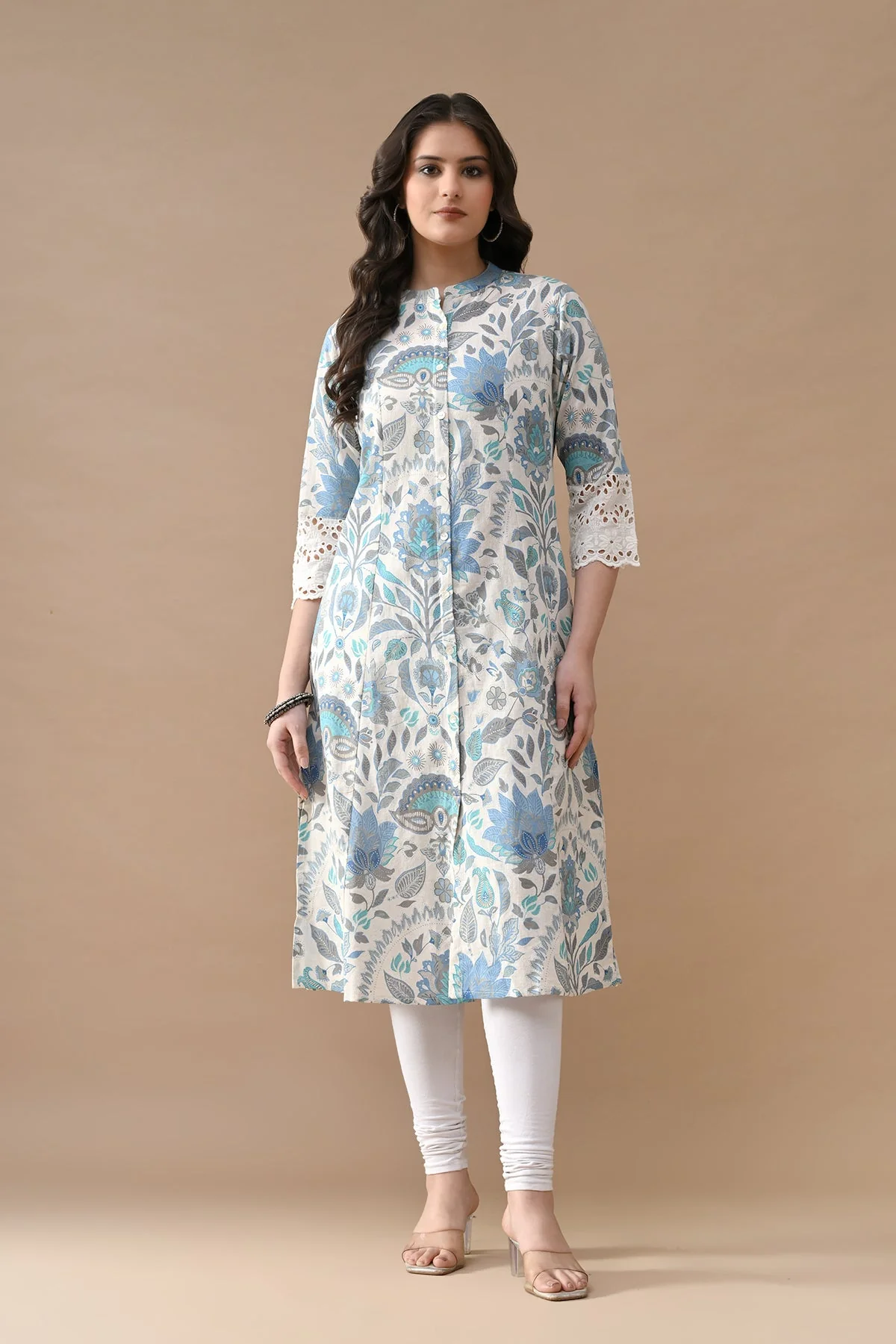 Off White Printed A-line Kurta
