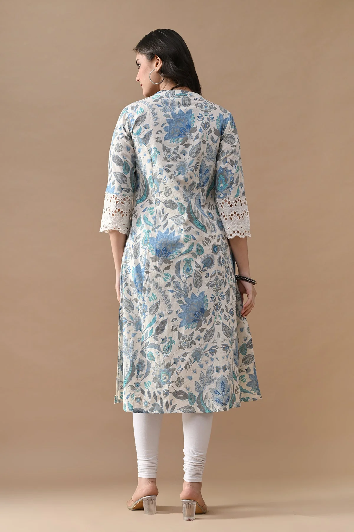 Off White Printed A-line Kurta - Image 5