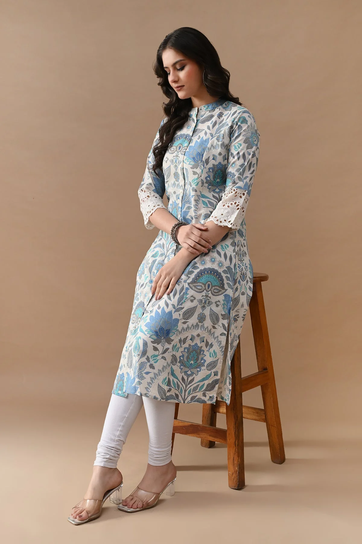Off White Printed A-line Kurta - Image 6