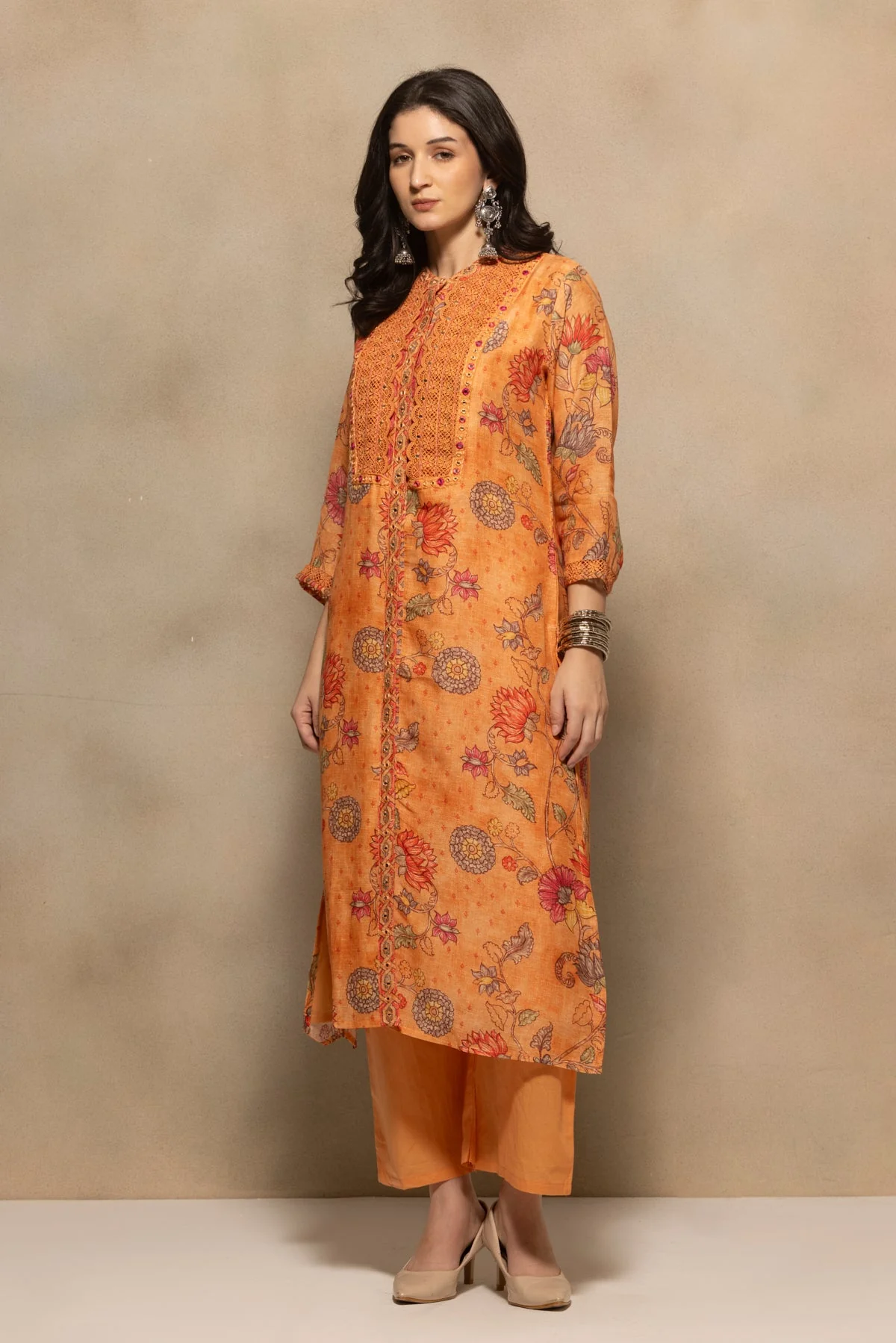 Orange Embellished Kurta 3 Pcs Set - Image 2