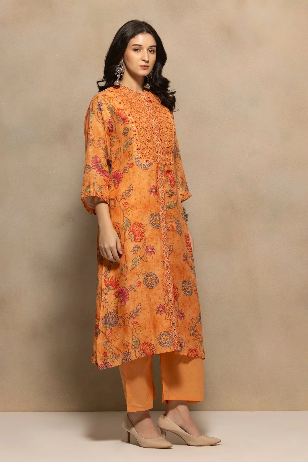 Orange Embellished Kurta 3 Pcs Set - Image 3