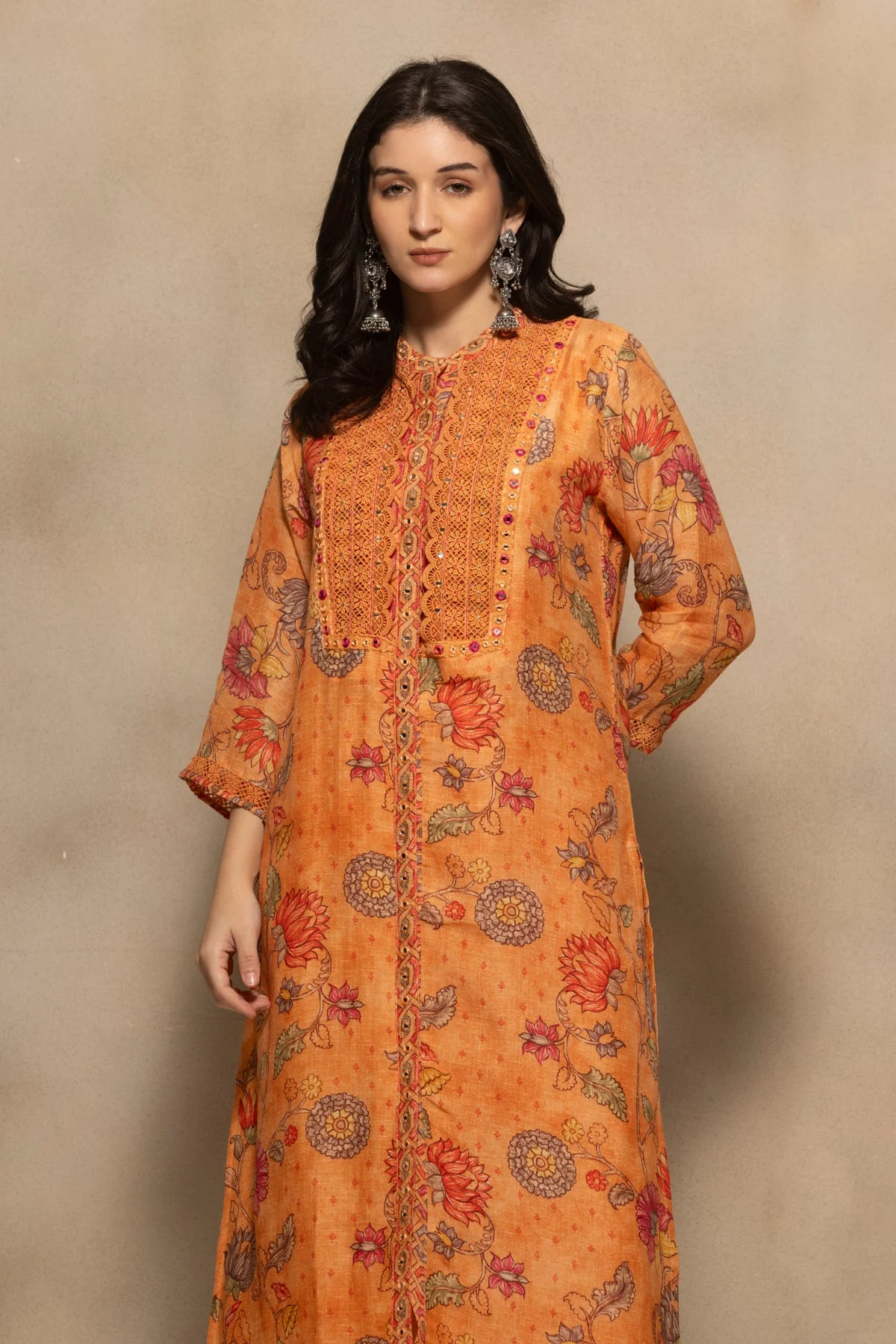 Orange Embellished Kurta 3 Pcs Set - Image 4