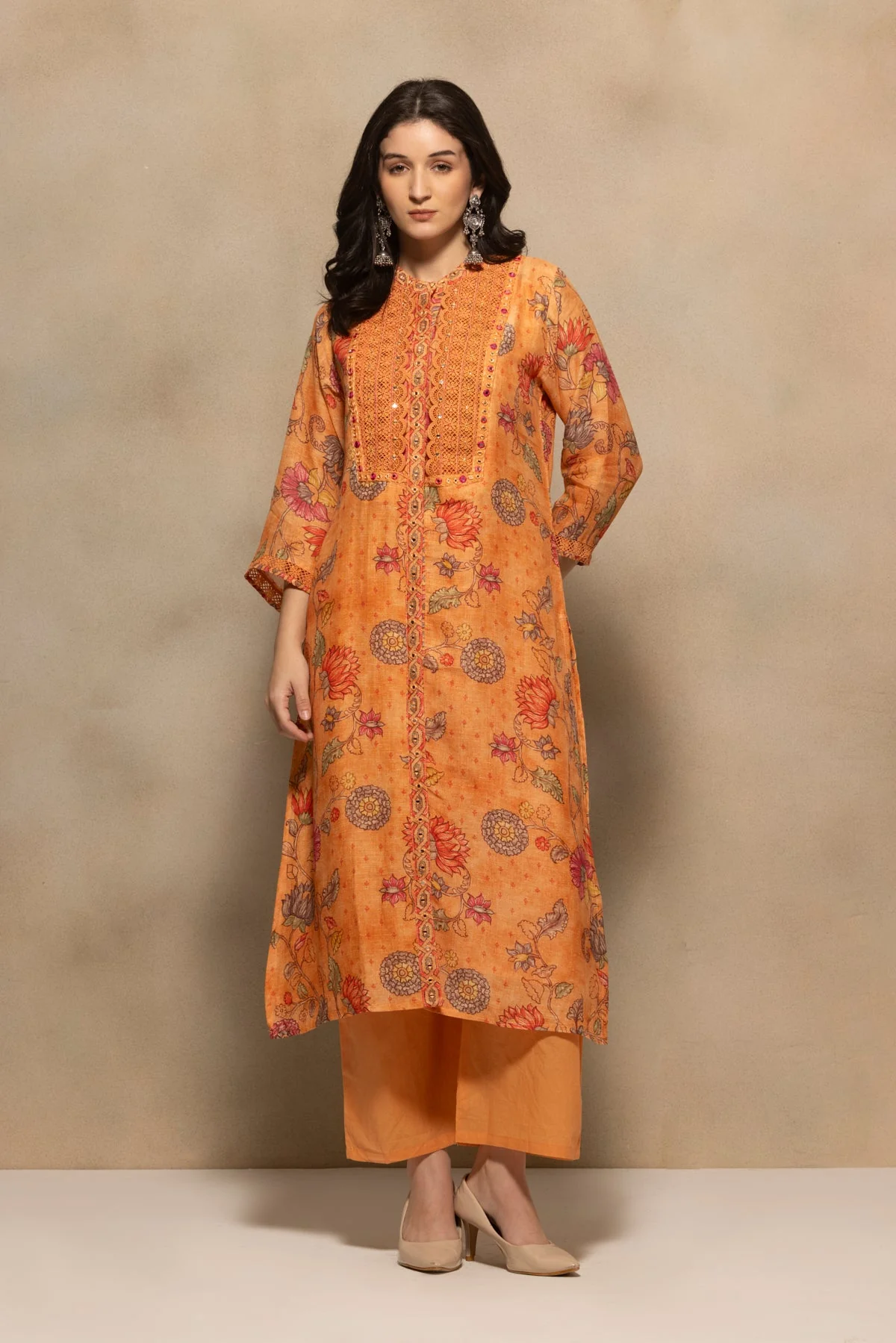 Orange Embellished Kurta 3 Pcs Set - Image 7