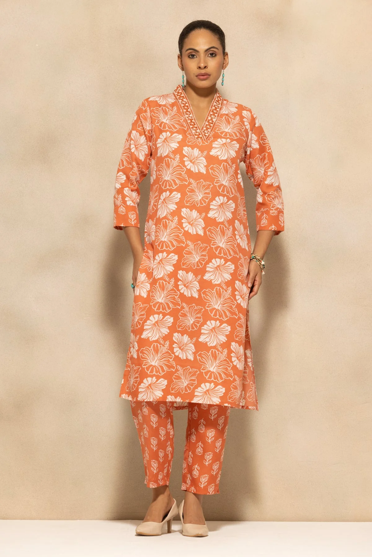 Orange Floral Printed Kurta 3 Pcs Set - Image 3