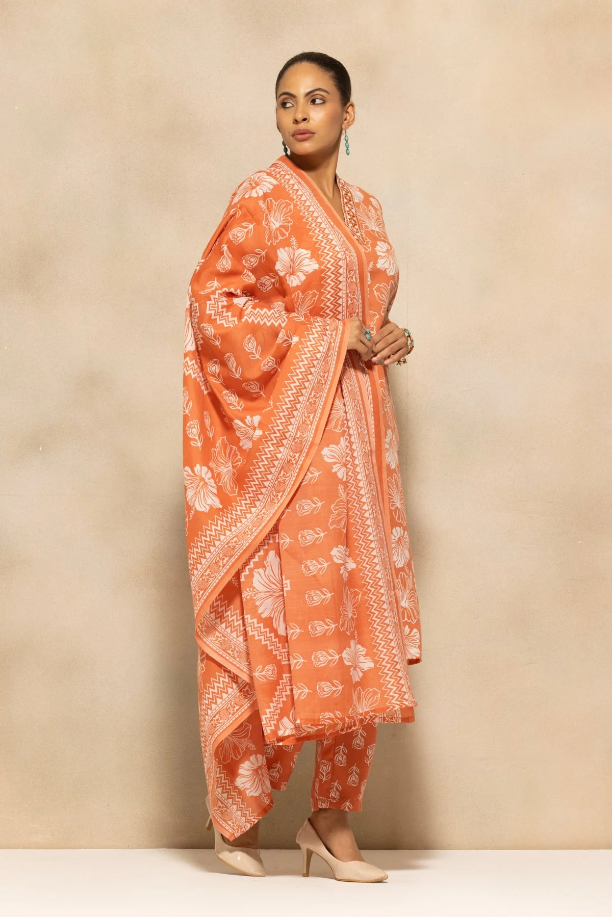 Orange Floral Printed Kurta 3 Pcs Set - Image 7