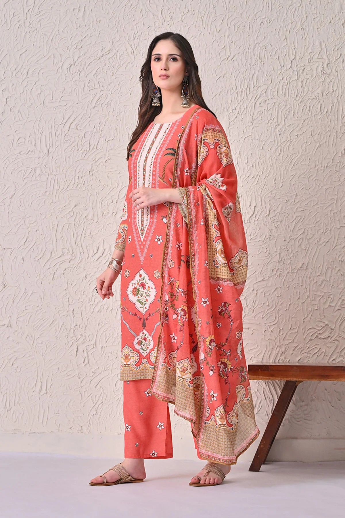 Orange Printed Kurta 3 Pcs Set - Image 2