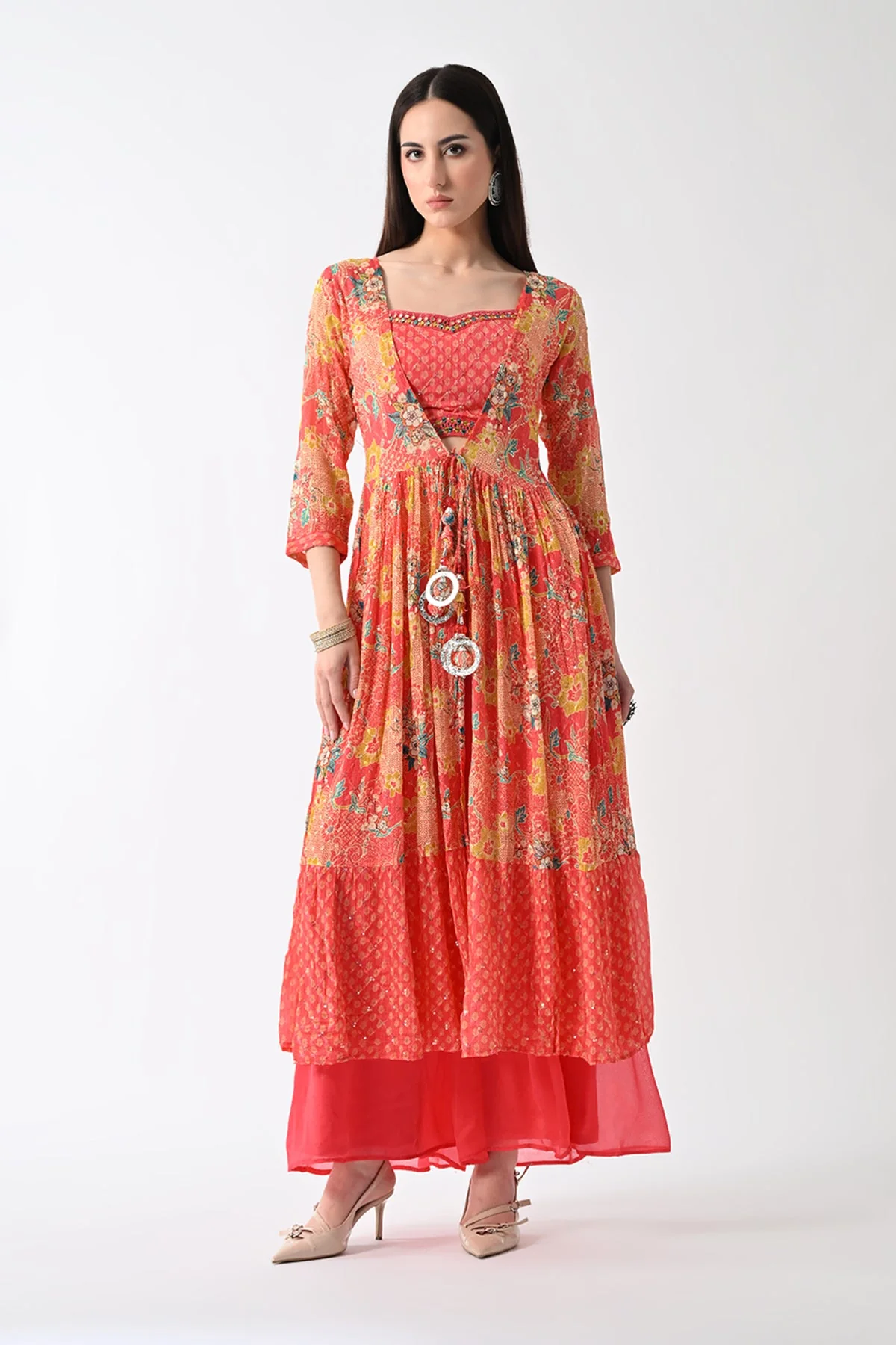 Peach Dress with Printed Shrug