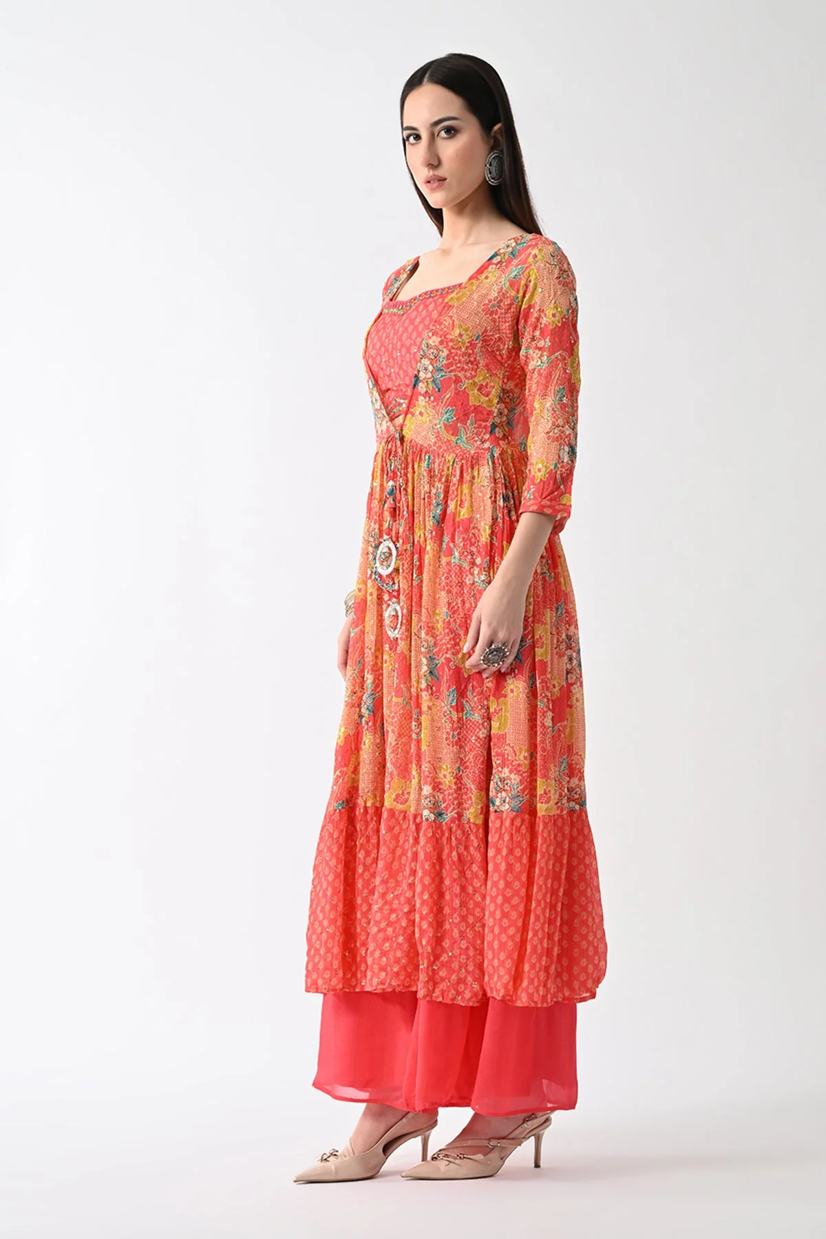 Peach Dress with Printed Shrug - Image 3