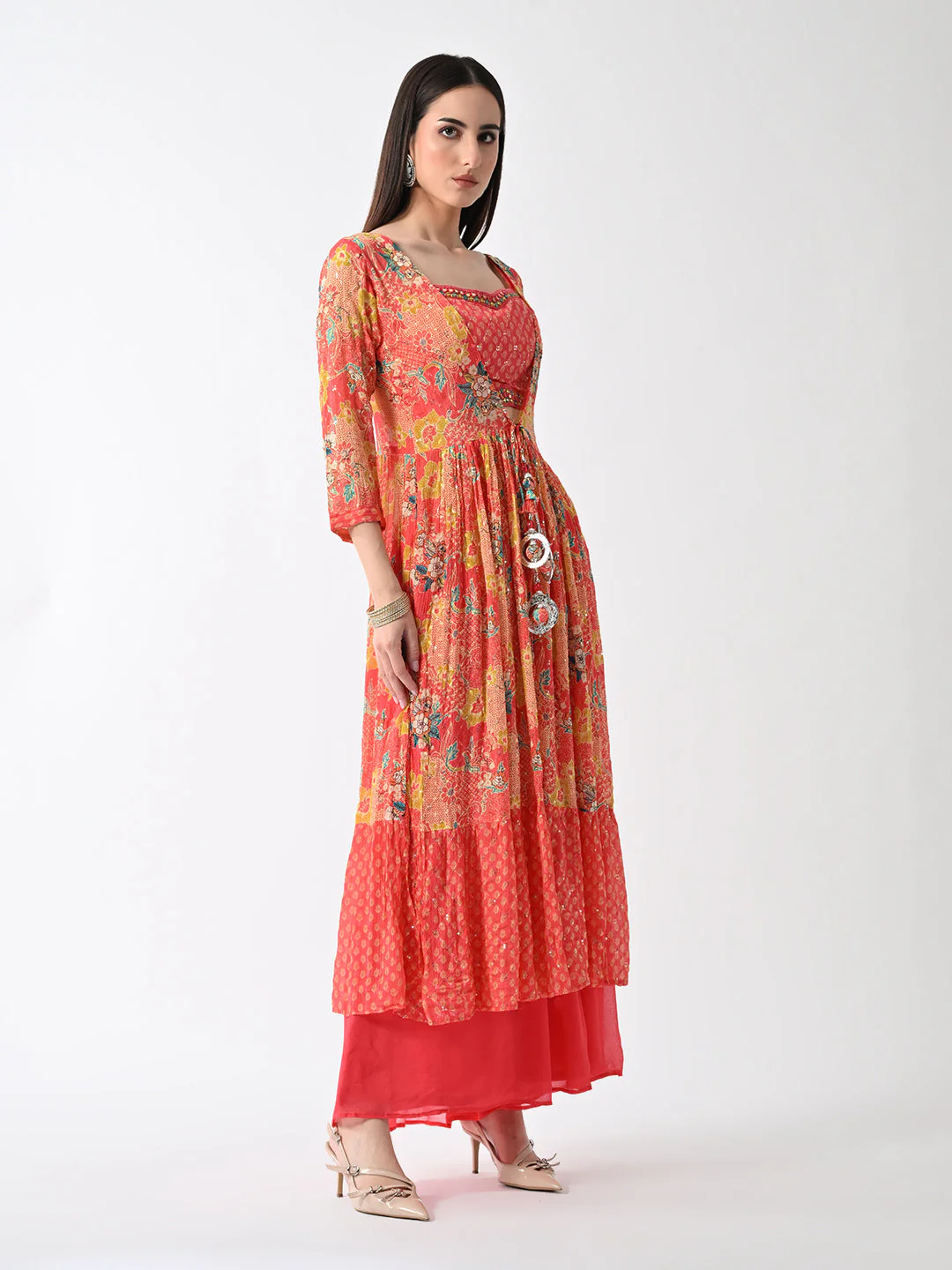 Peach Dress with Printed Shrug - Image 4