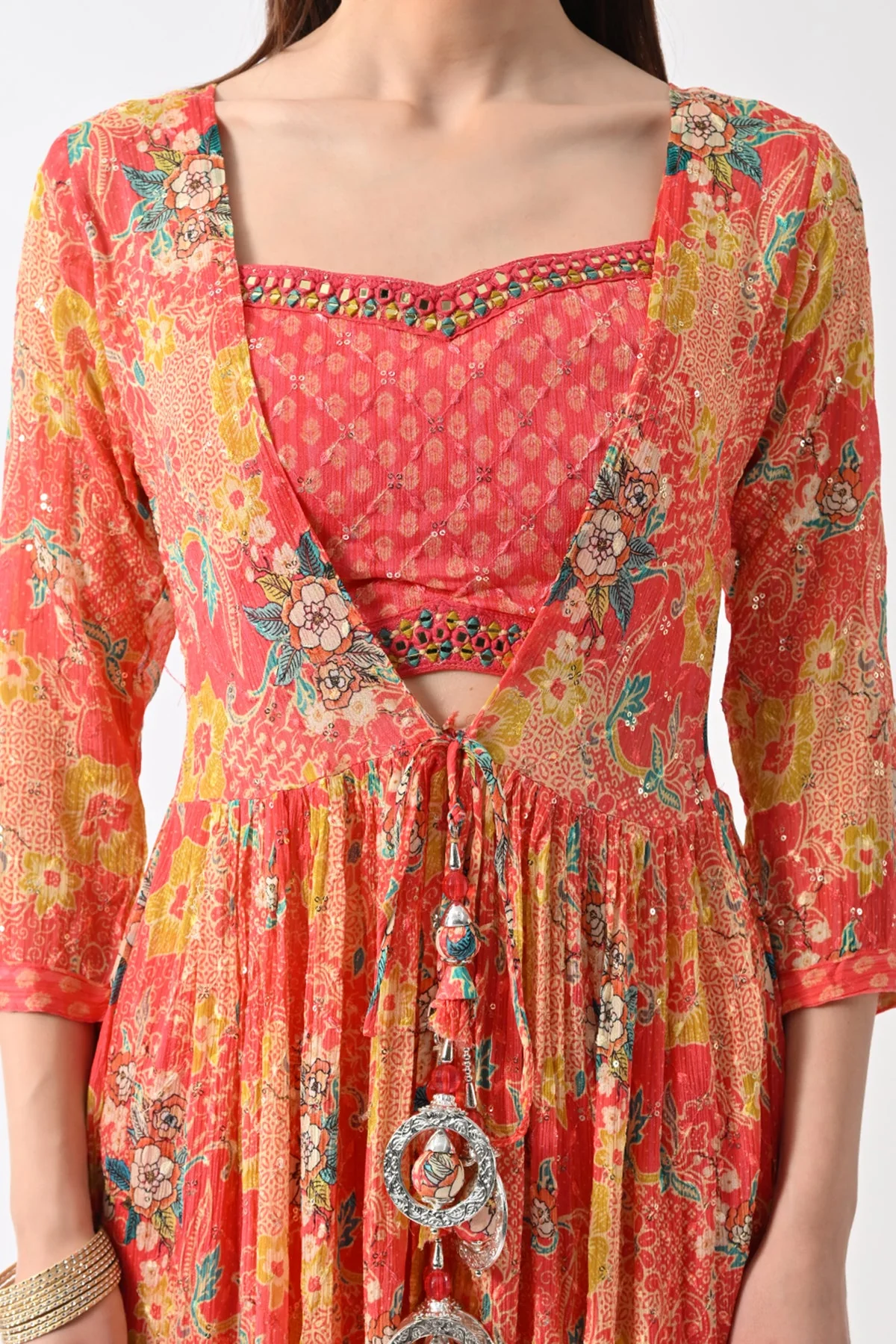 Peach Dress with Printed Shrug - Image 5
