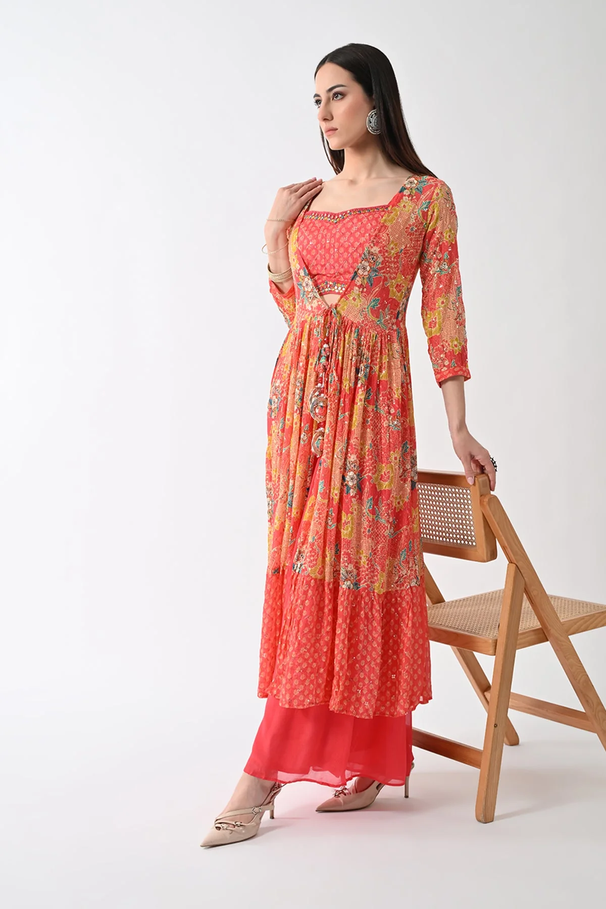 Peach Dress with Printed Shrug - Image 8