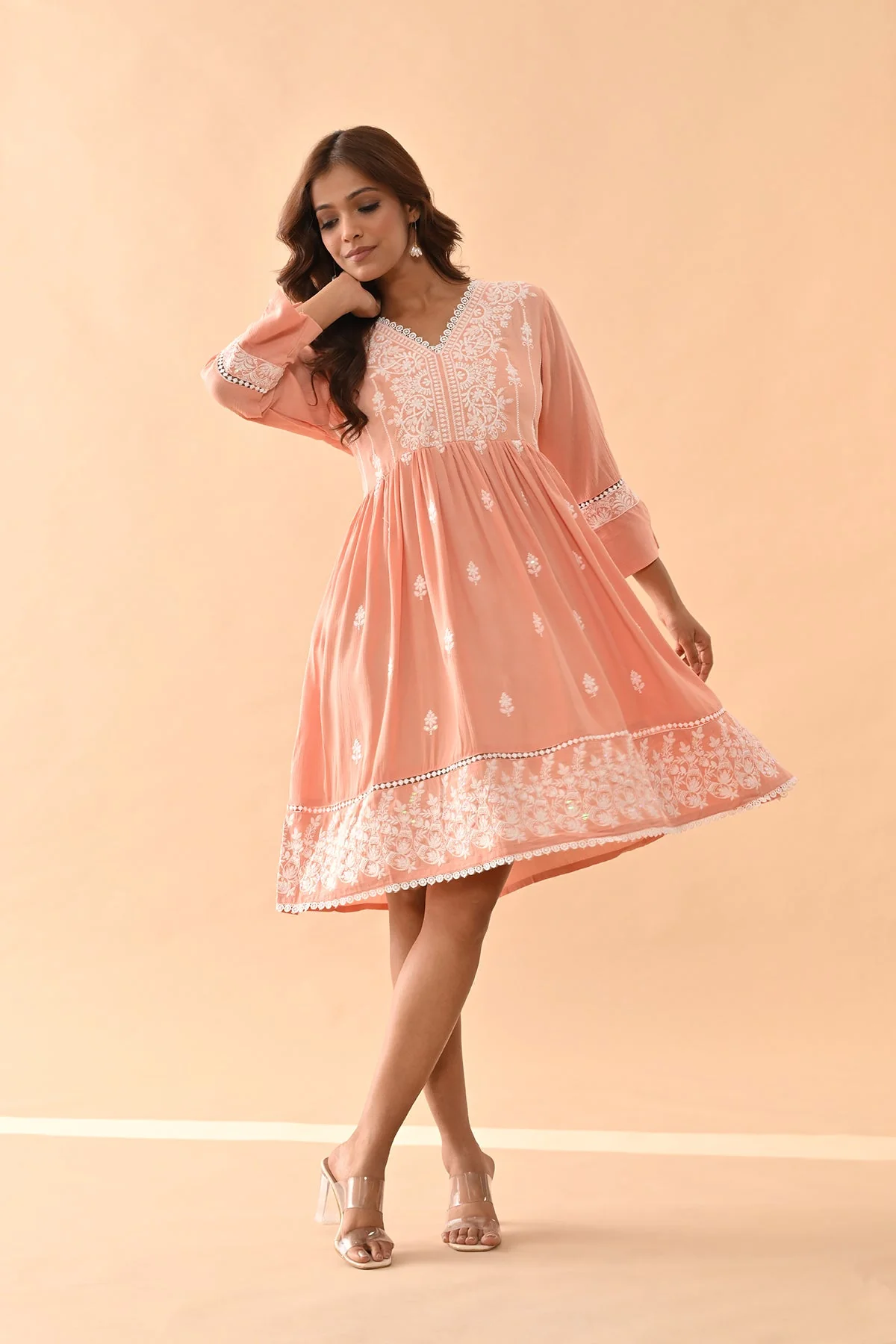 Peach Embroidered Flared Tunic - Image 2