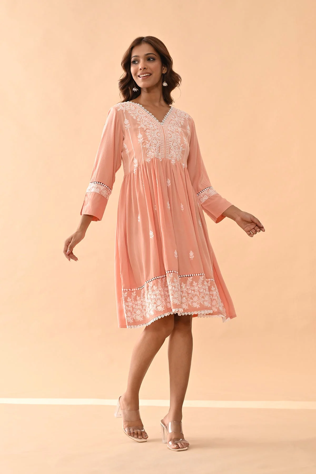 Peach Embroidered Flared Tunic - Image 4