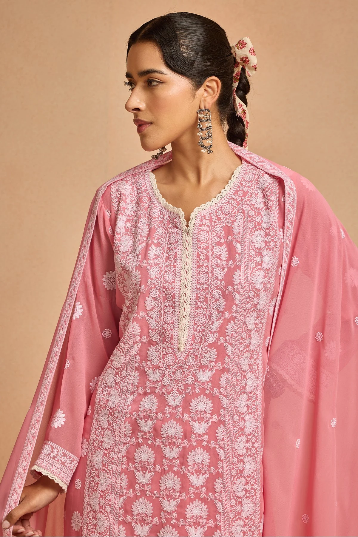 Peach Embroidered Kurta 3 Pcs Set - Image 3
