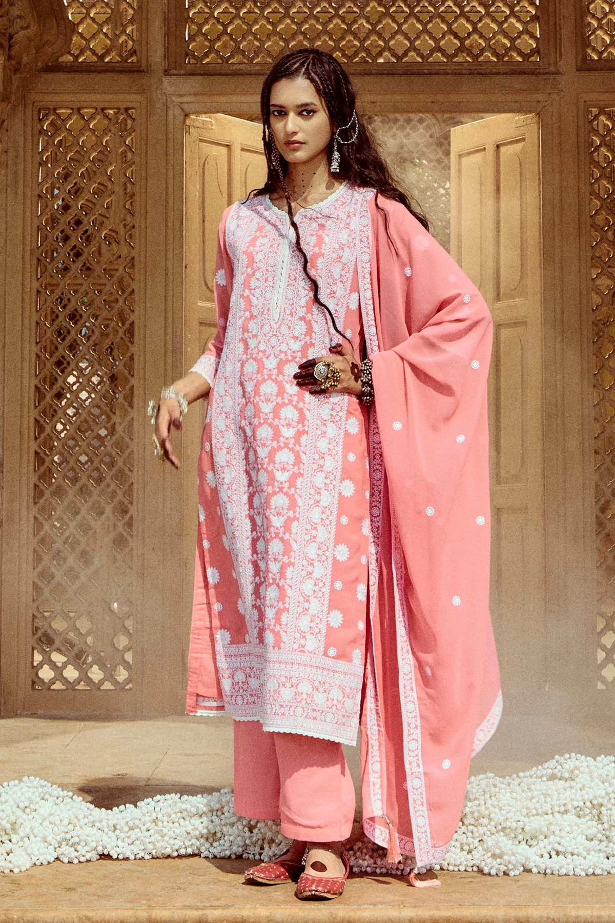Peach Embroidered Kurta 3 Pcs Set - Image 4