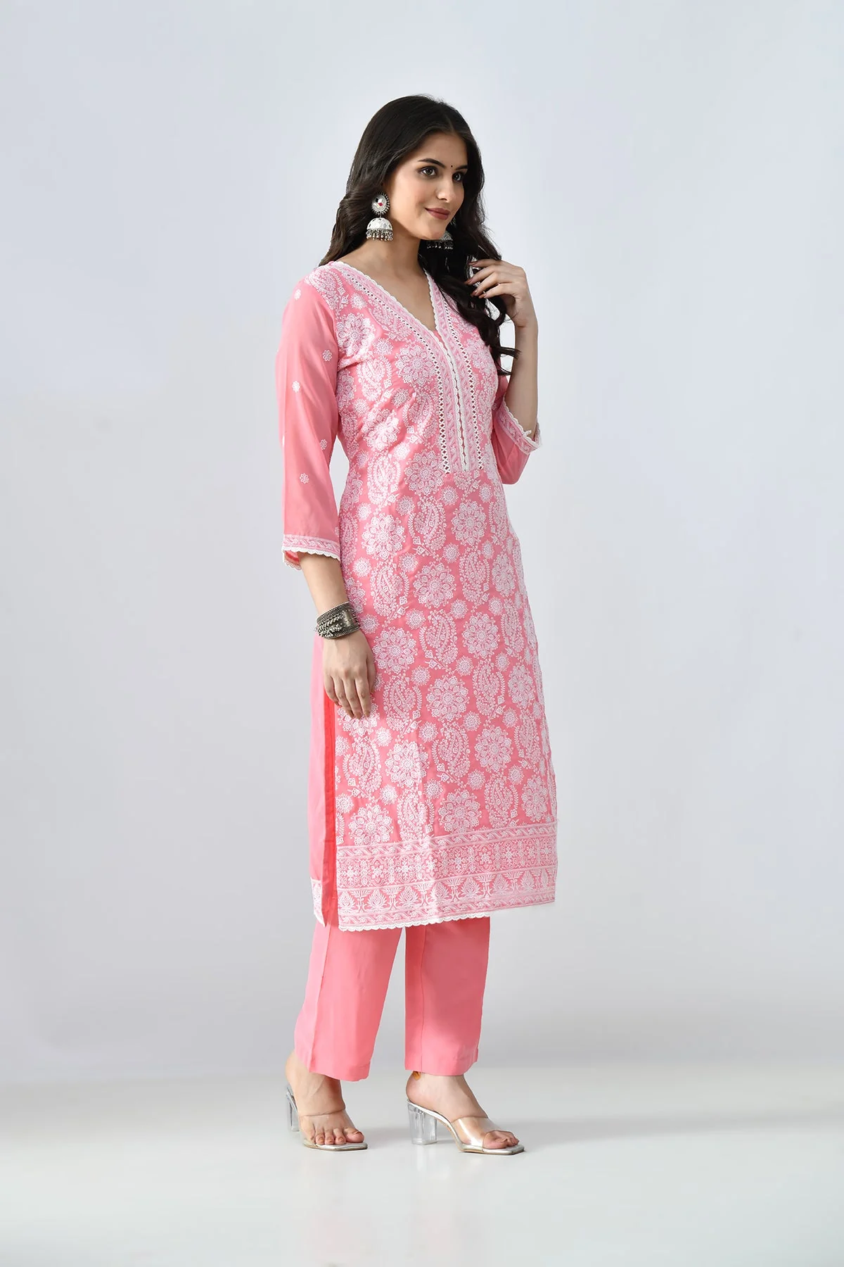 Peach Embroidered Kurta 3 Pcs Set - Image 3