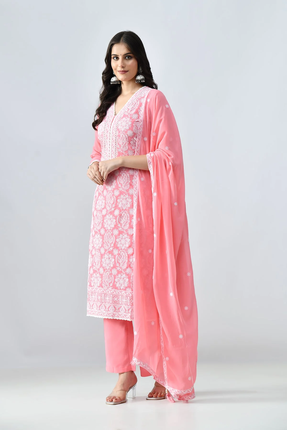 Peach Embroidered Kurta 3 Pcs Set - Image 4