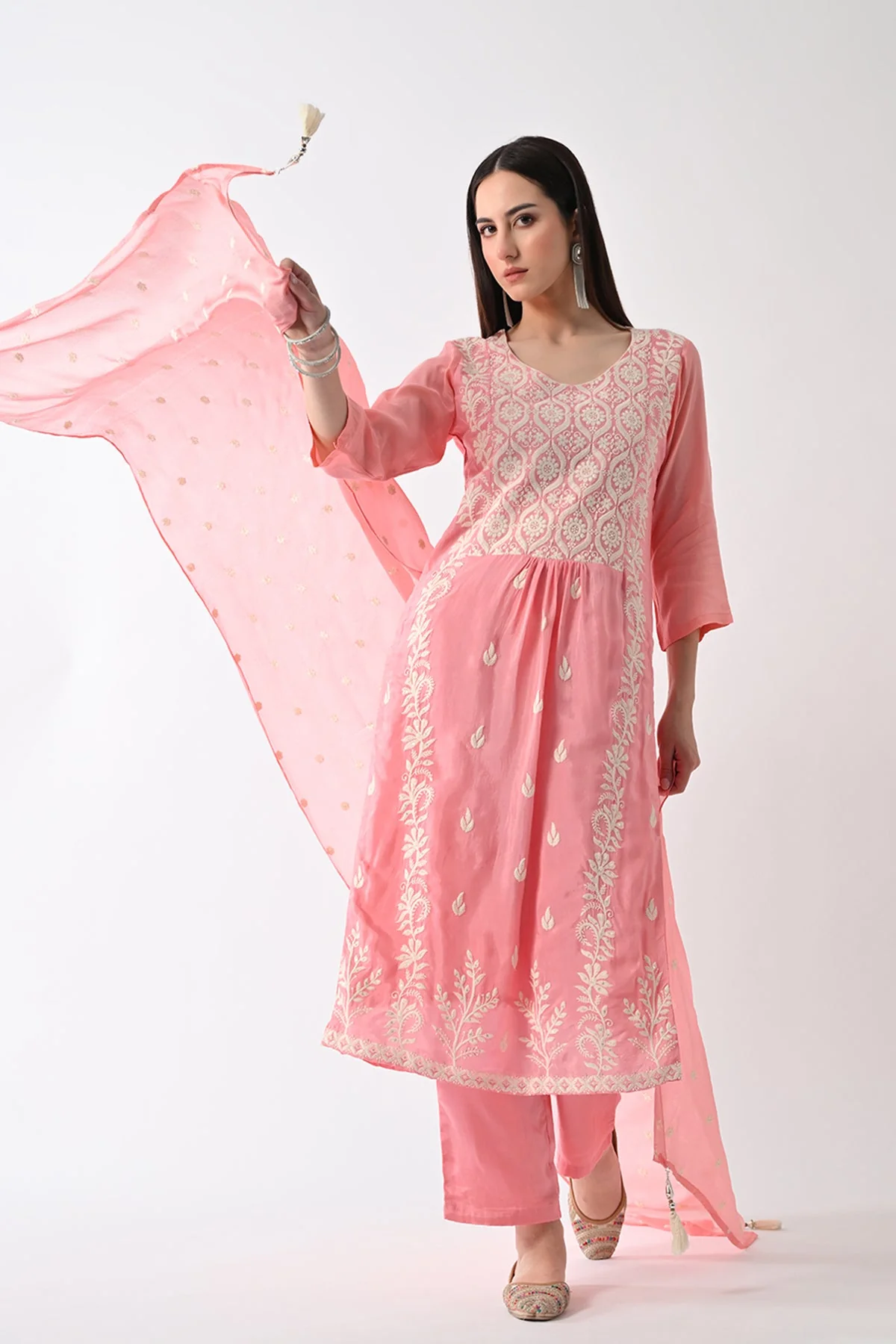Peach Embroidered Kurta 3 Pcs Set - Image 7
