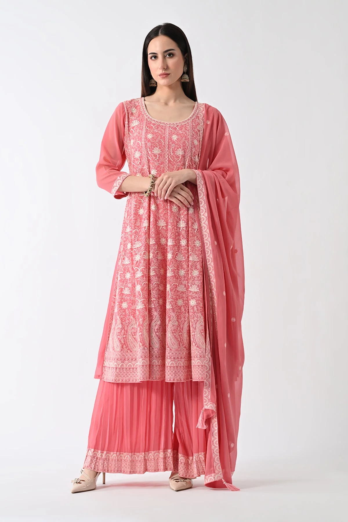 Peach Embroidered Kurta 3 Pcs Set