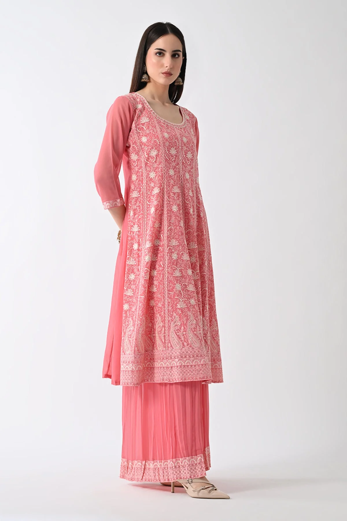 Peach Embroidered Kurta 3 Pcs Set - Image 3