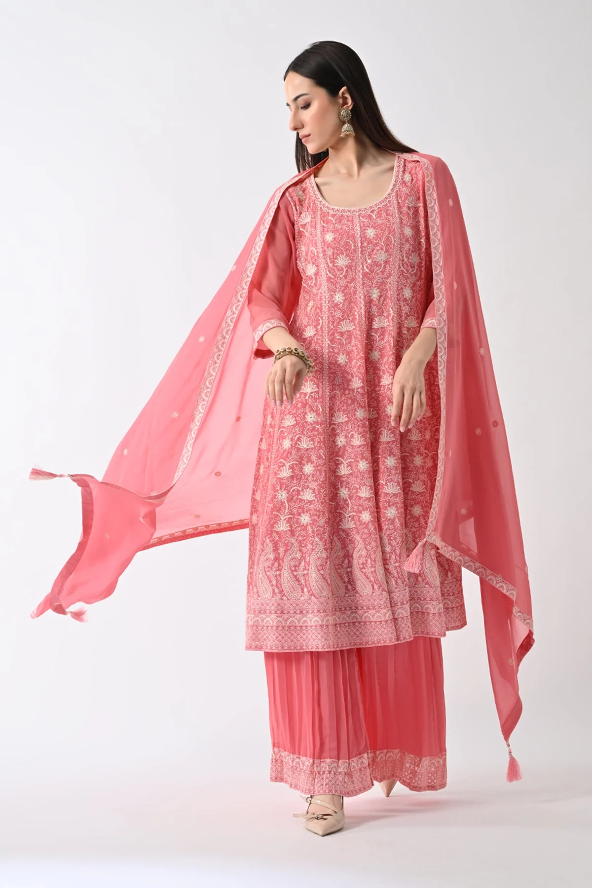 Peach Embroidered Kurta 3 Pcs Set - Image 7