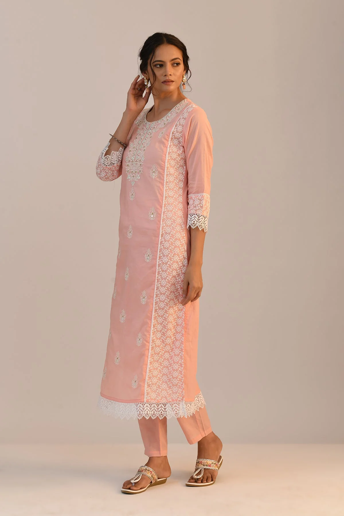 Peach Embroidered Straight Kurta 2 Pcs Set - Image 2