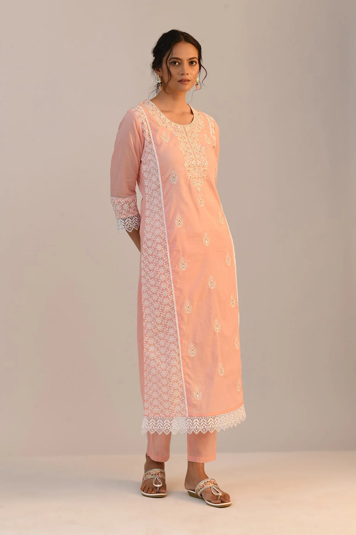 Peach Embroidered Straight Kurta 2 Pcs Set - Image 3