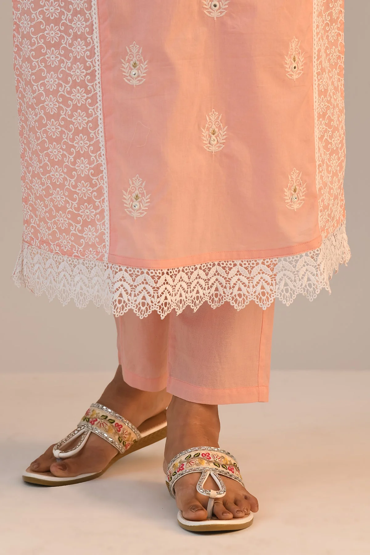 Peach Embroidered Straight Kurta 2 Pcs Set - Image 7