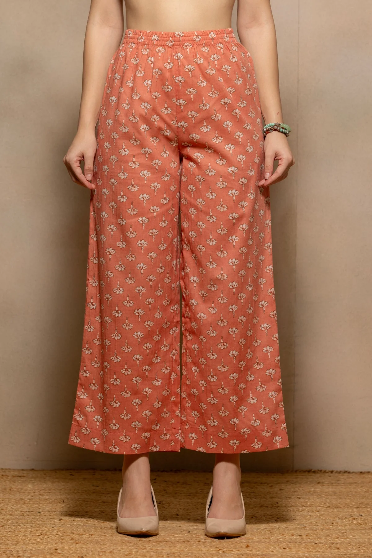 Peach Floral Printed Flared Kurta 3 Pcs Set - Image 6