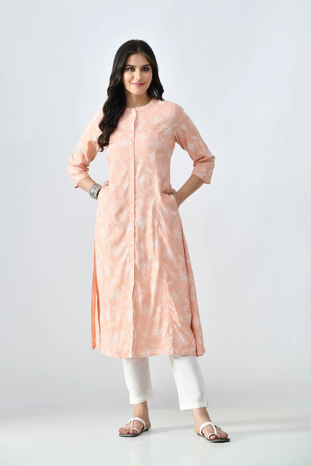 Peach Printed A-line Kurta - Image 3
