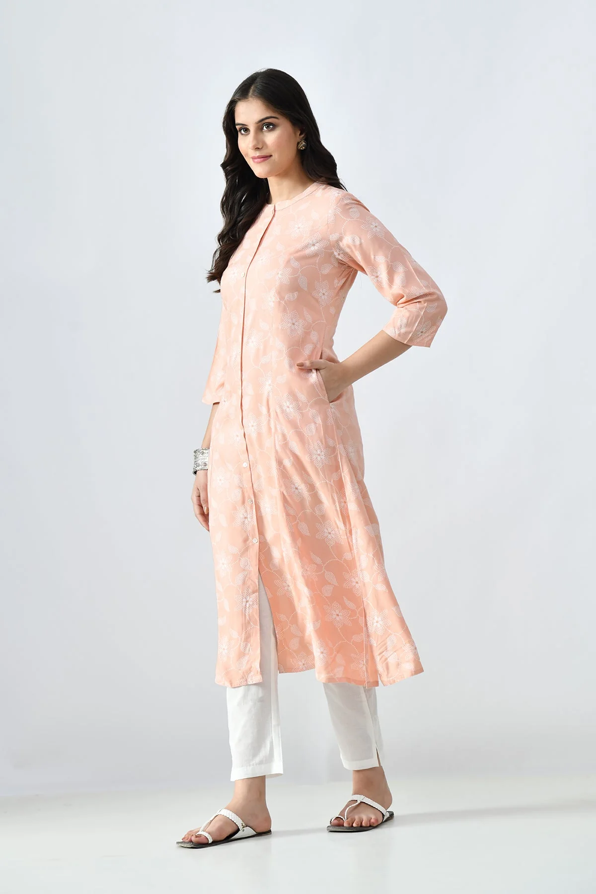 Peach Printed A-line Kurta - Image 4