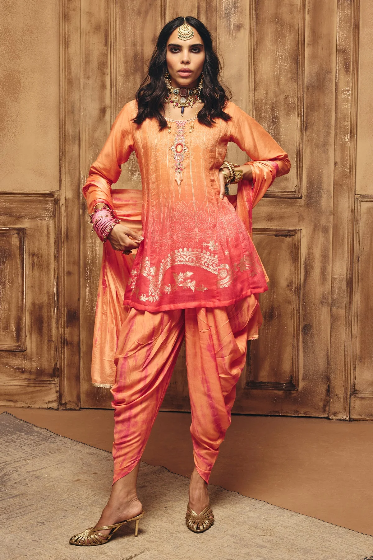 Peach Printed A Line Kurta 3 Pcs Set