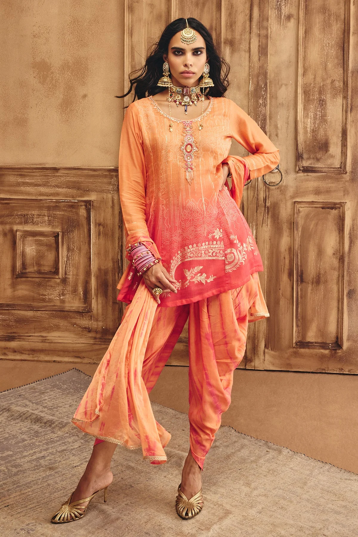 Peach Printed A Line Kurta 3 Pcs Set - Image 3