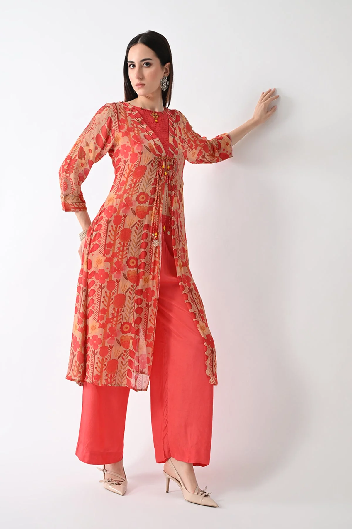 Peach Printed Jacket 3 Pcs Set - Image 8
