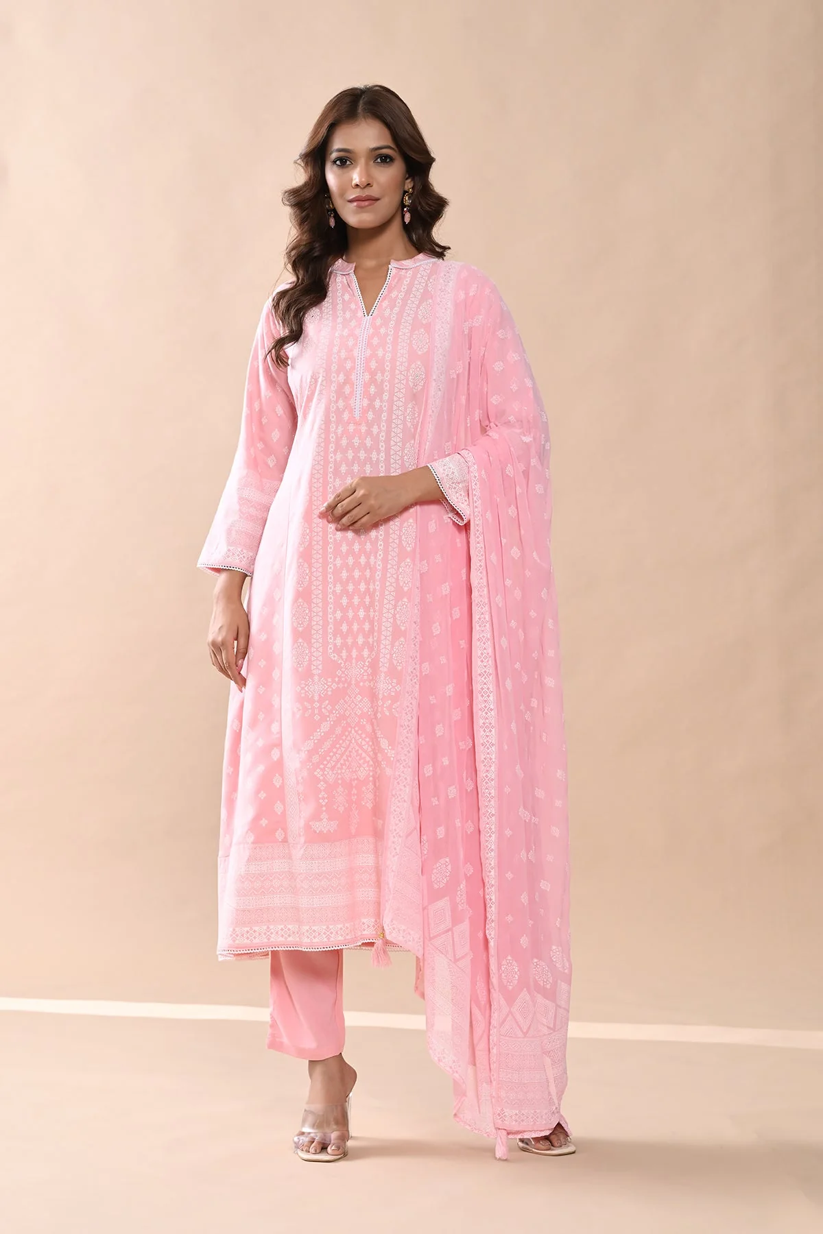 Peach Printed Kurta 3 Pcs Set