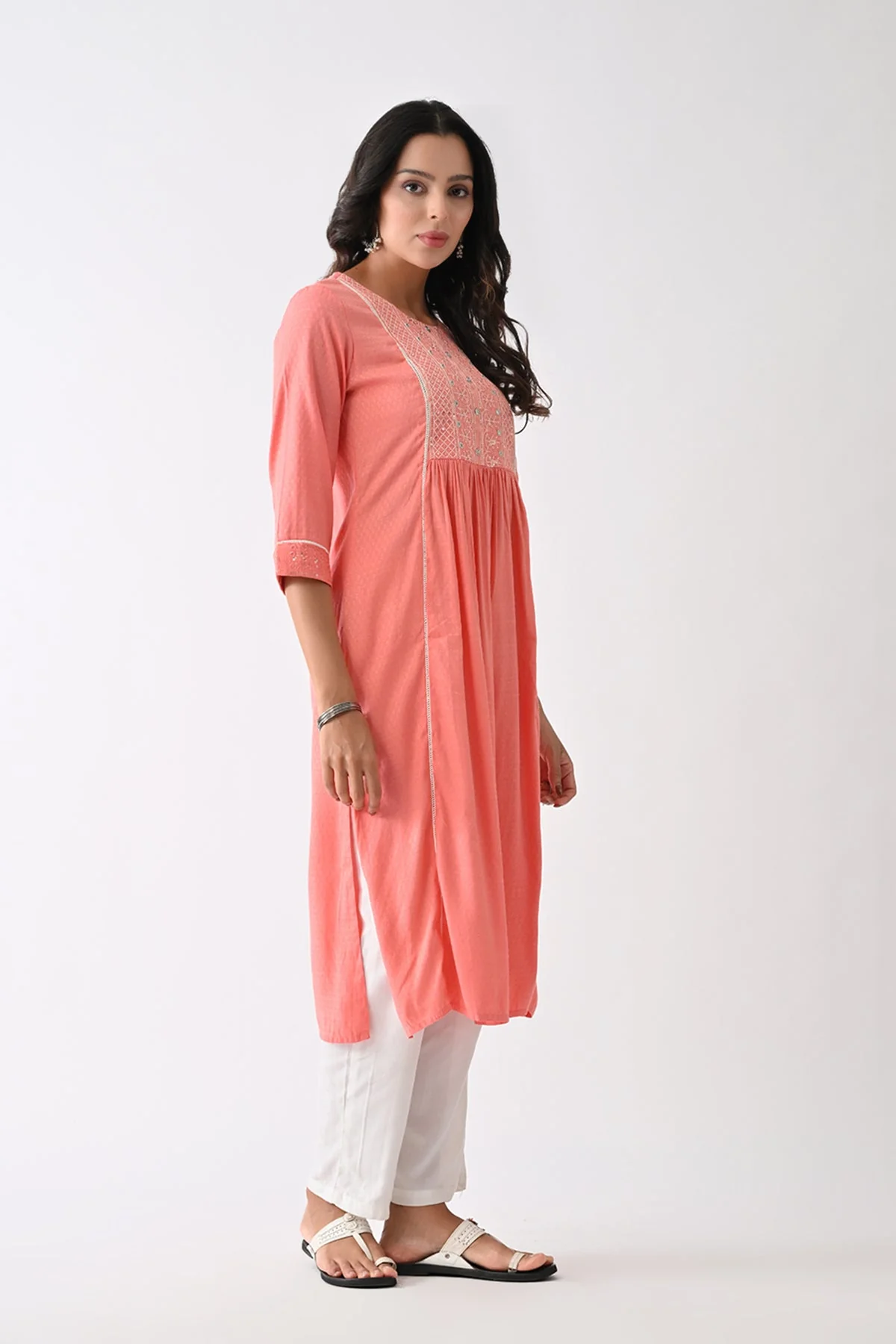 Peach Self-Design Kurta - Image 3