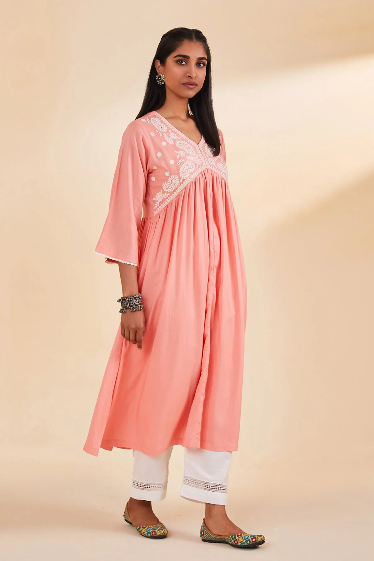Peach Yoke Embroidered Dress - Image 3