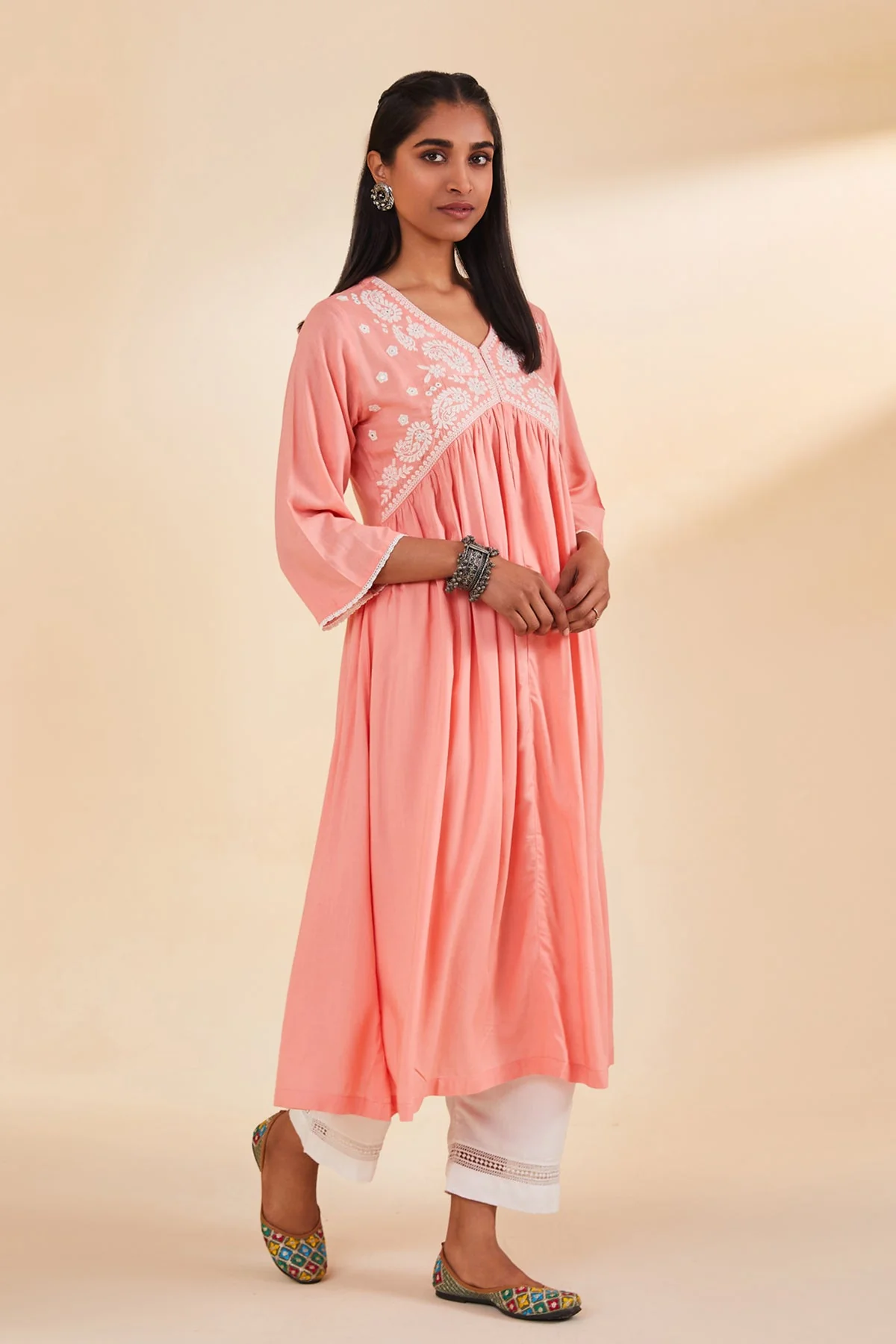 Peach Yoke Embroidered Dress - Image 4