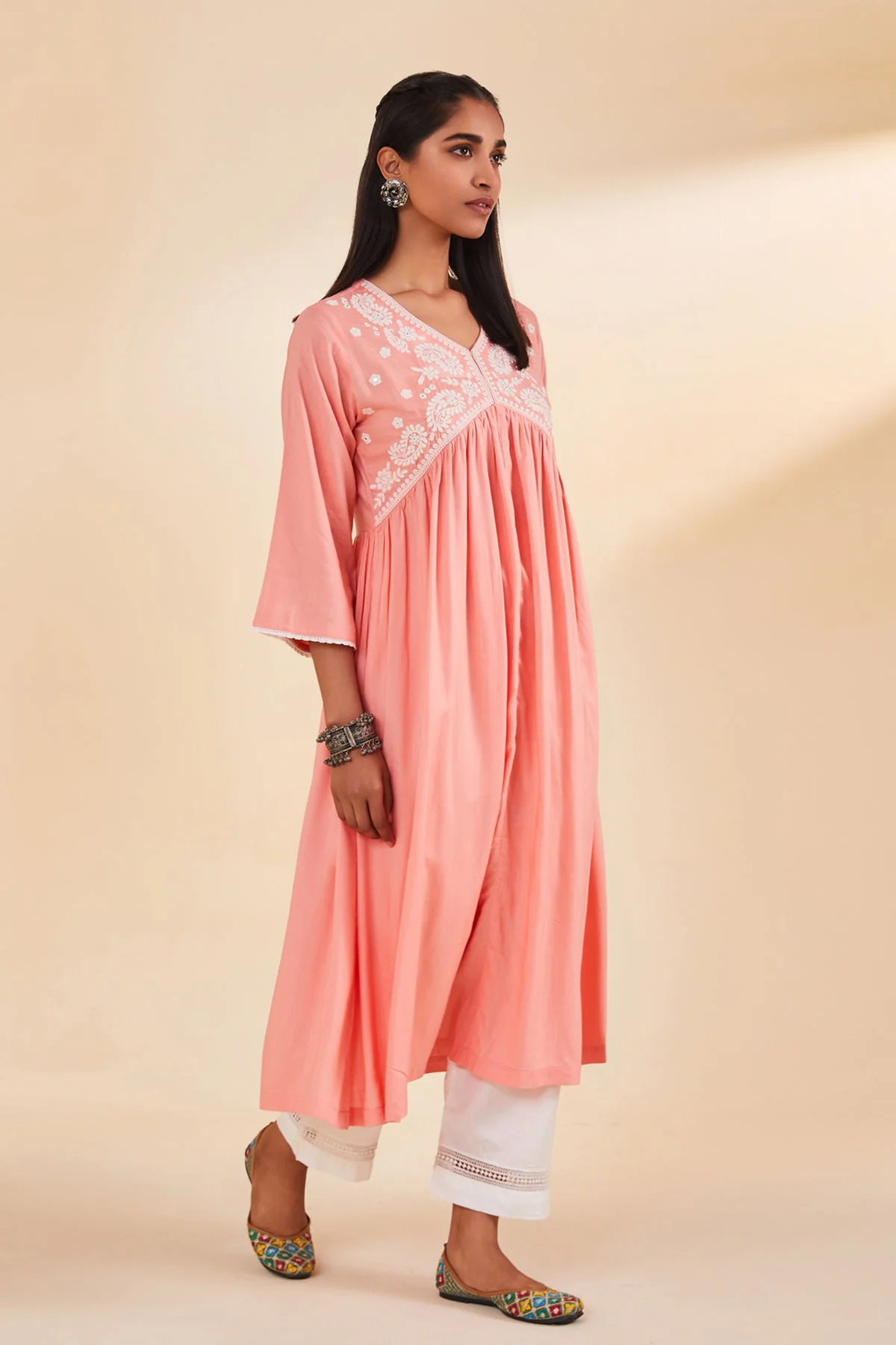 Peach Yoke Embroidered Dress - Image 5