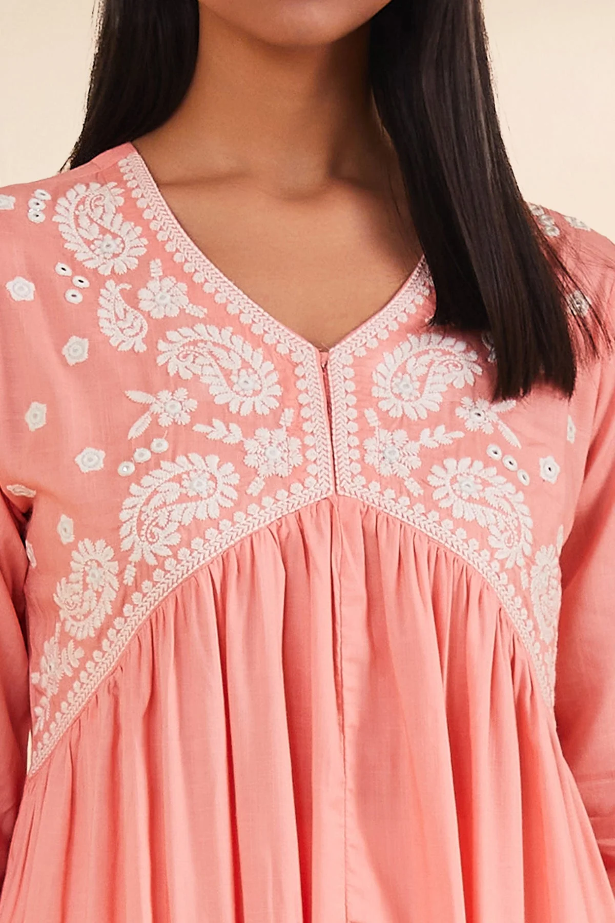 Peach Yoke Embroidered Dress - Image 6