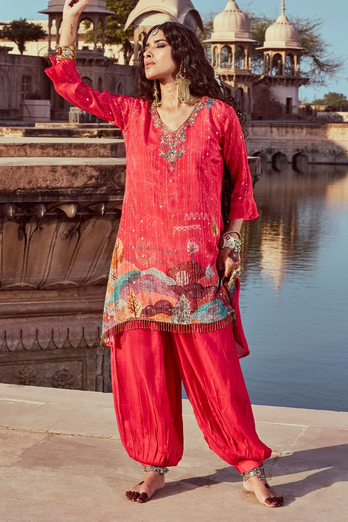 Pink Embroidered A-line Kurta 2 Pcs Set - Image 2