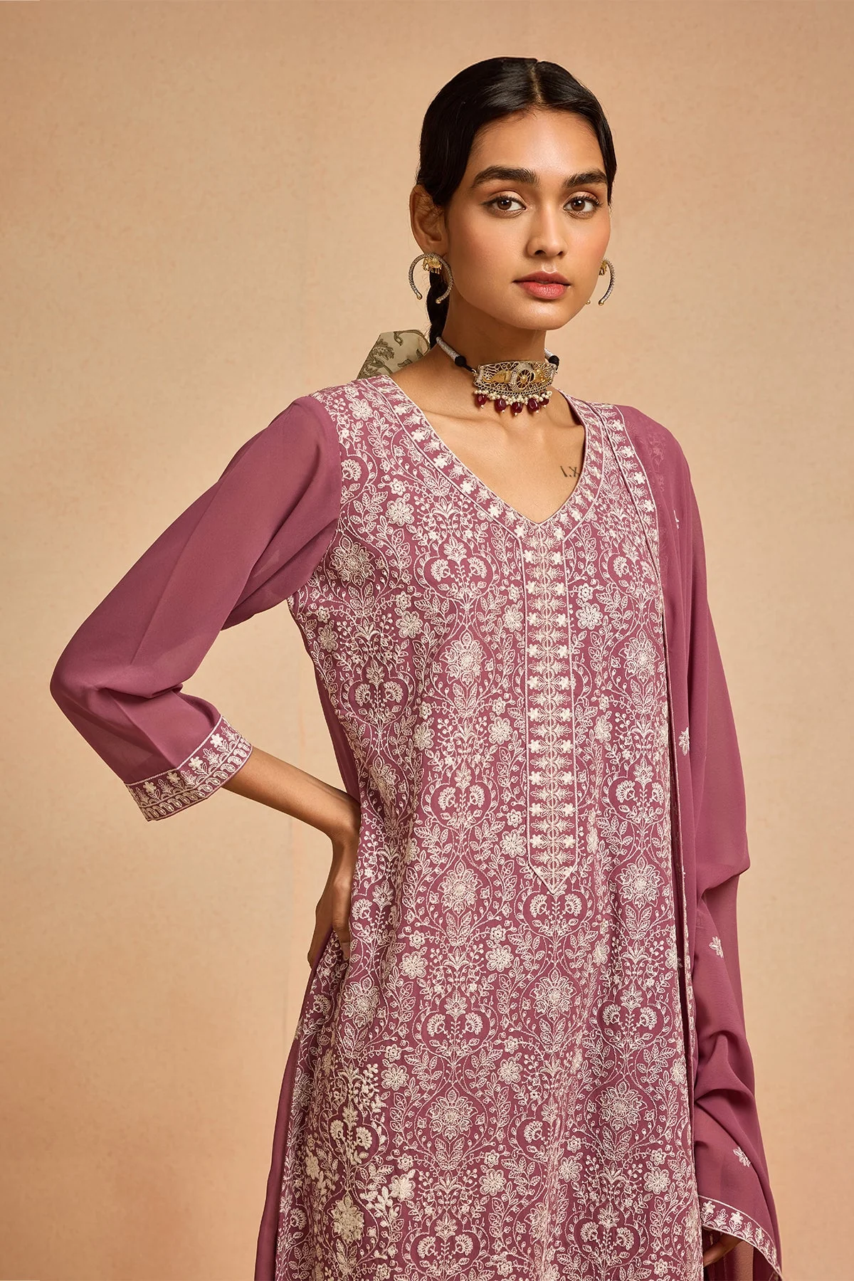 Pink Embroidered Kurta 3 Pcs Set - Image 3